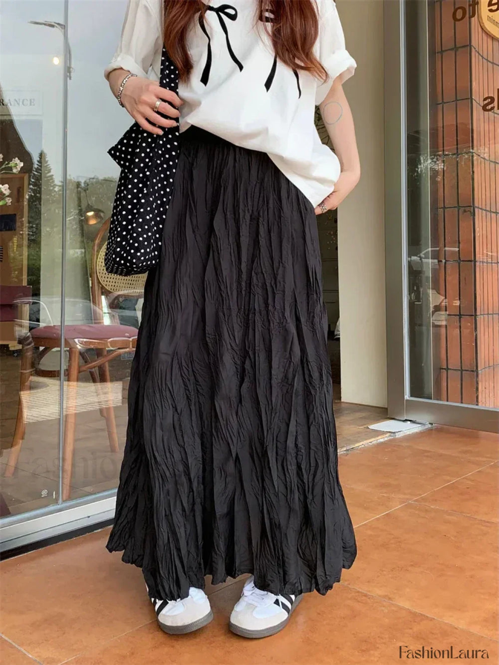 Vintage Solid Pleated Long A Line Skirt Black / One Size