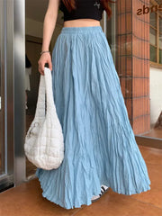 Vintage Solid Pleated Long A Line Skirt Blue / One Size