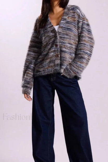 Vintage Stripe V neck Knit Cardigan