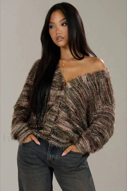 Vintage Stripe V neck Knit Cardigan Coffee / S