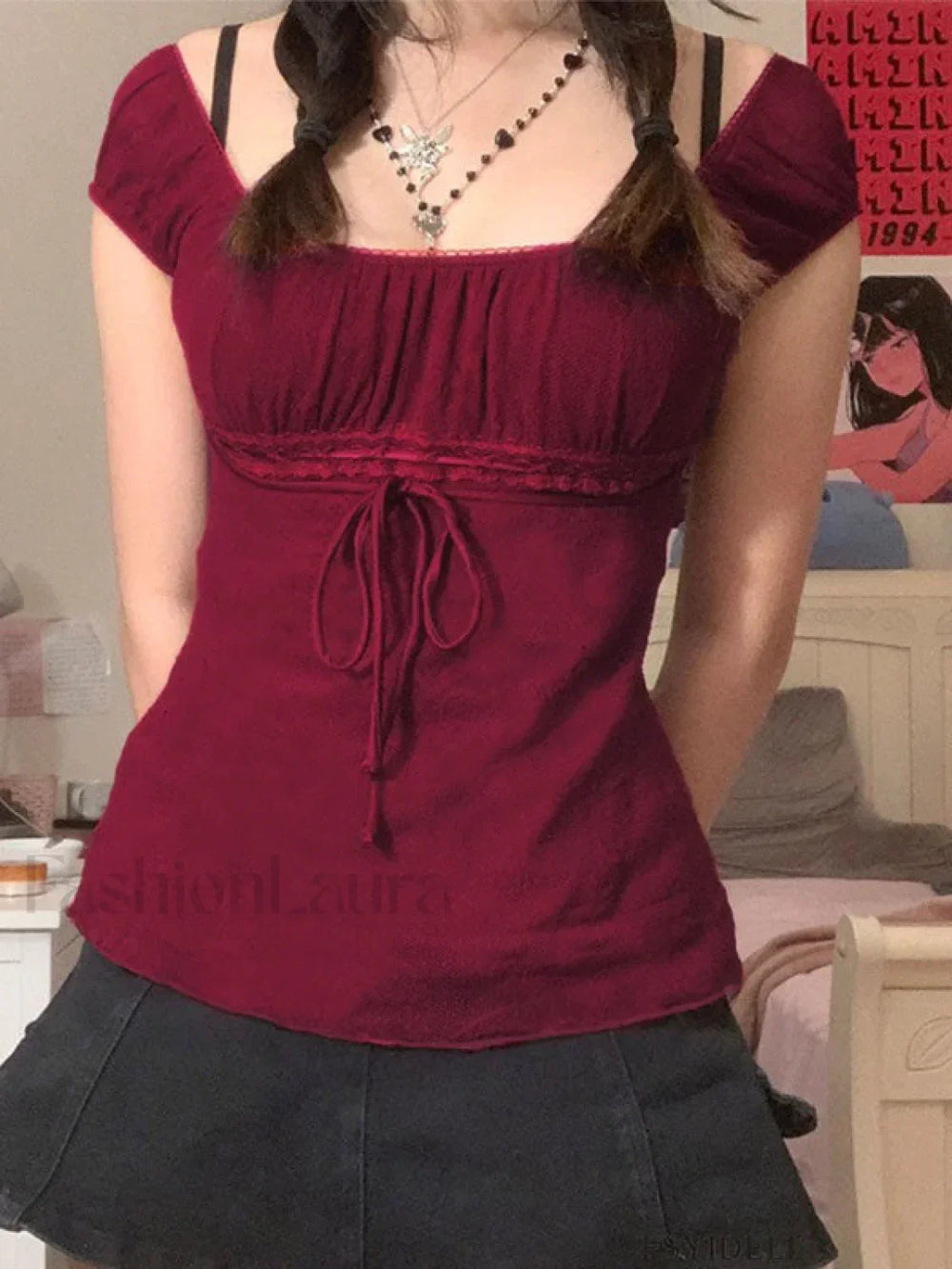 Vintage Tie Front Lace Trim Blouse Short Sleeves