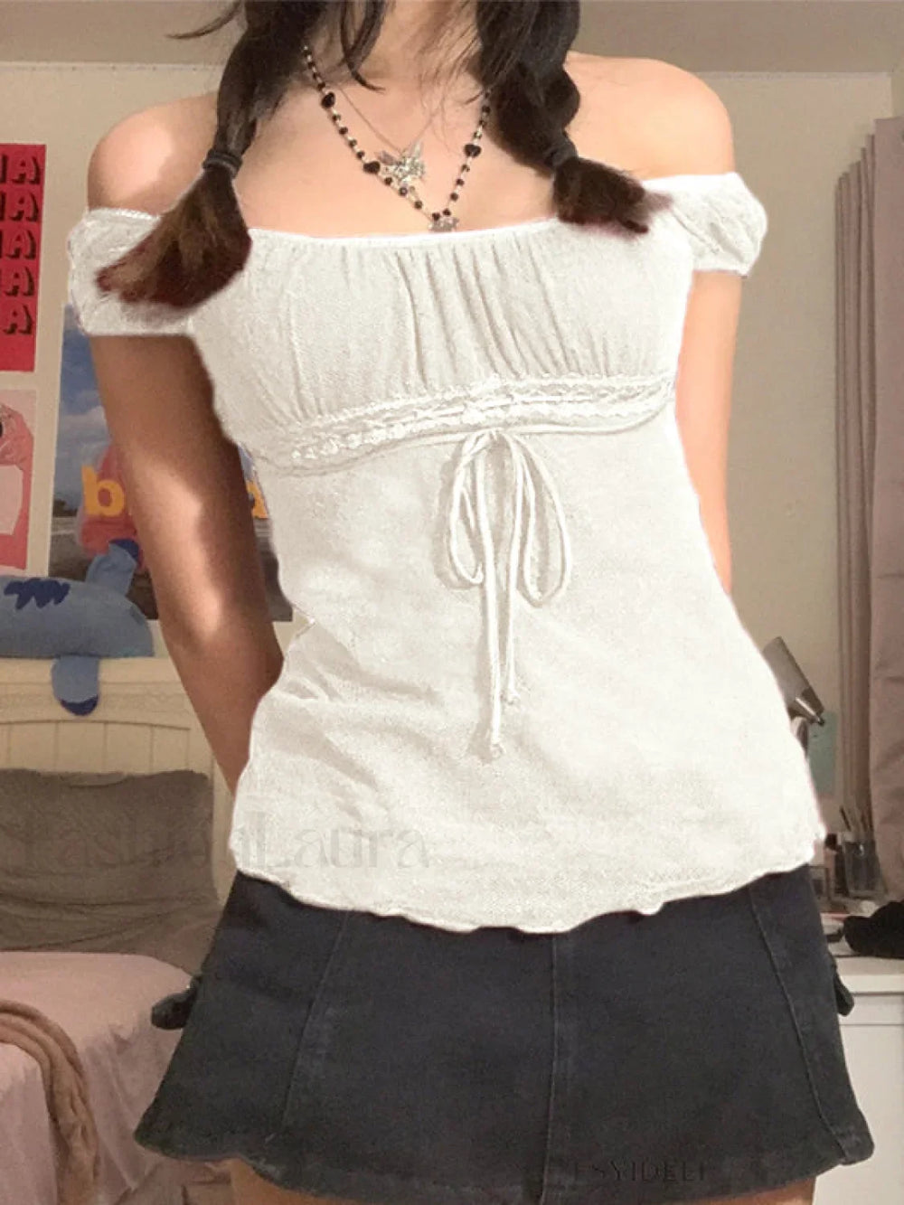 Vintage Tie Front Lace Trim Blouse Short Sleeves