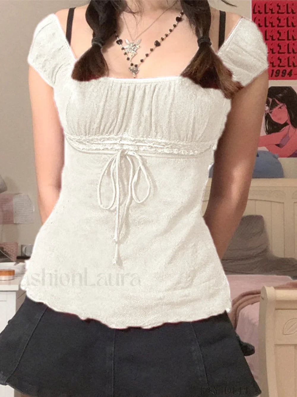 Vintage Tie Front Lace Trim Blouse Short Sleeves