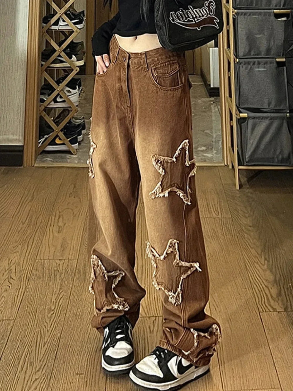 Vintage Wash Distressed Star Patch Boyfriend Jeans Boyfriend Jeans