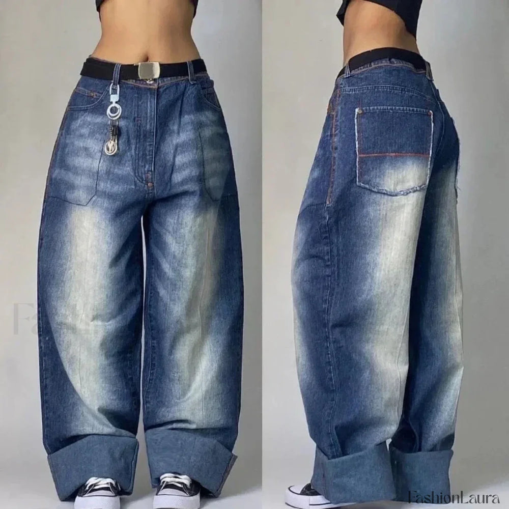 Vintage Washed Baggy Pants for Halloween Style Dark Blue / M
