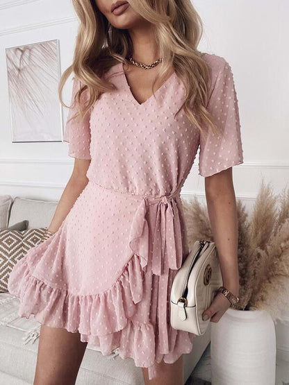 Waist V-neck Short Sleeve Solid Color Dress Ins Street