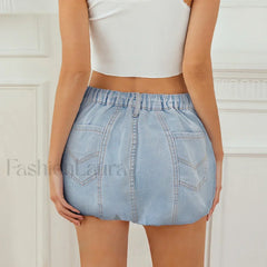 Washed Denim Bubble Pocket Skirt