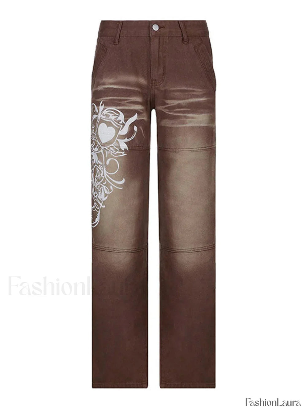 Washed Heart Pattern Cargo Jeans Cargo Jeans