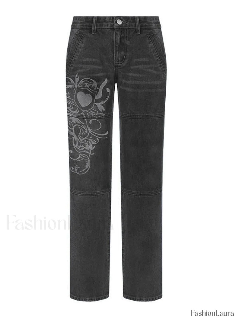 Washed Heart Pattern Cargo Jeans Cargo Jeans