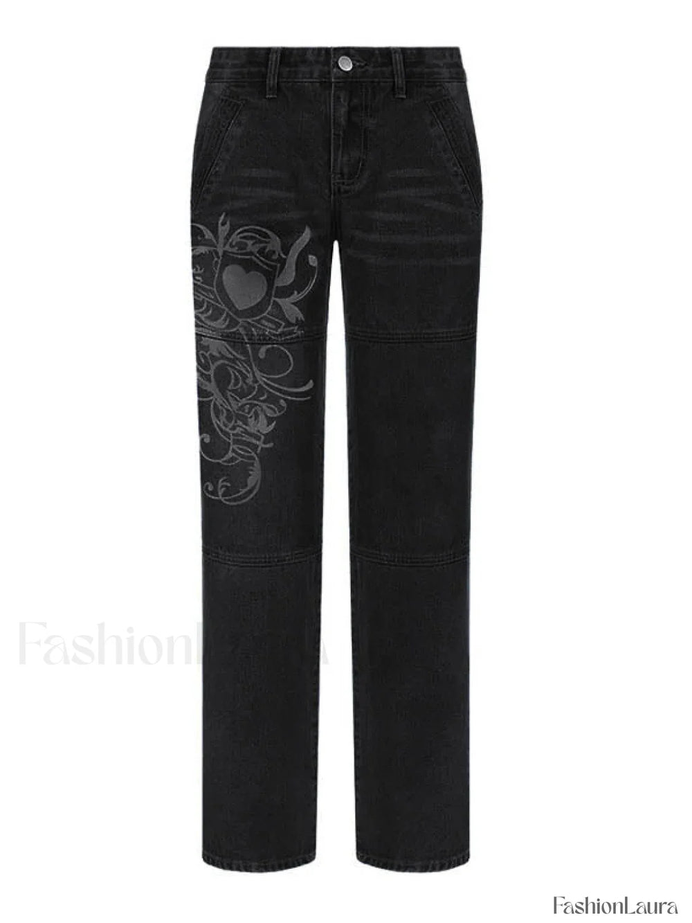 Washed Heart Pattern Cargo Jeans Cargo Jeans