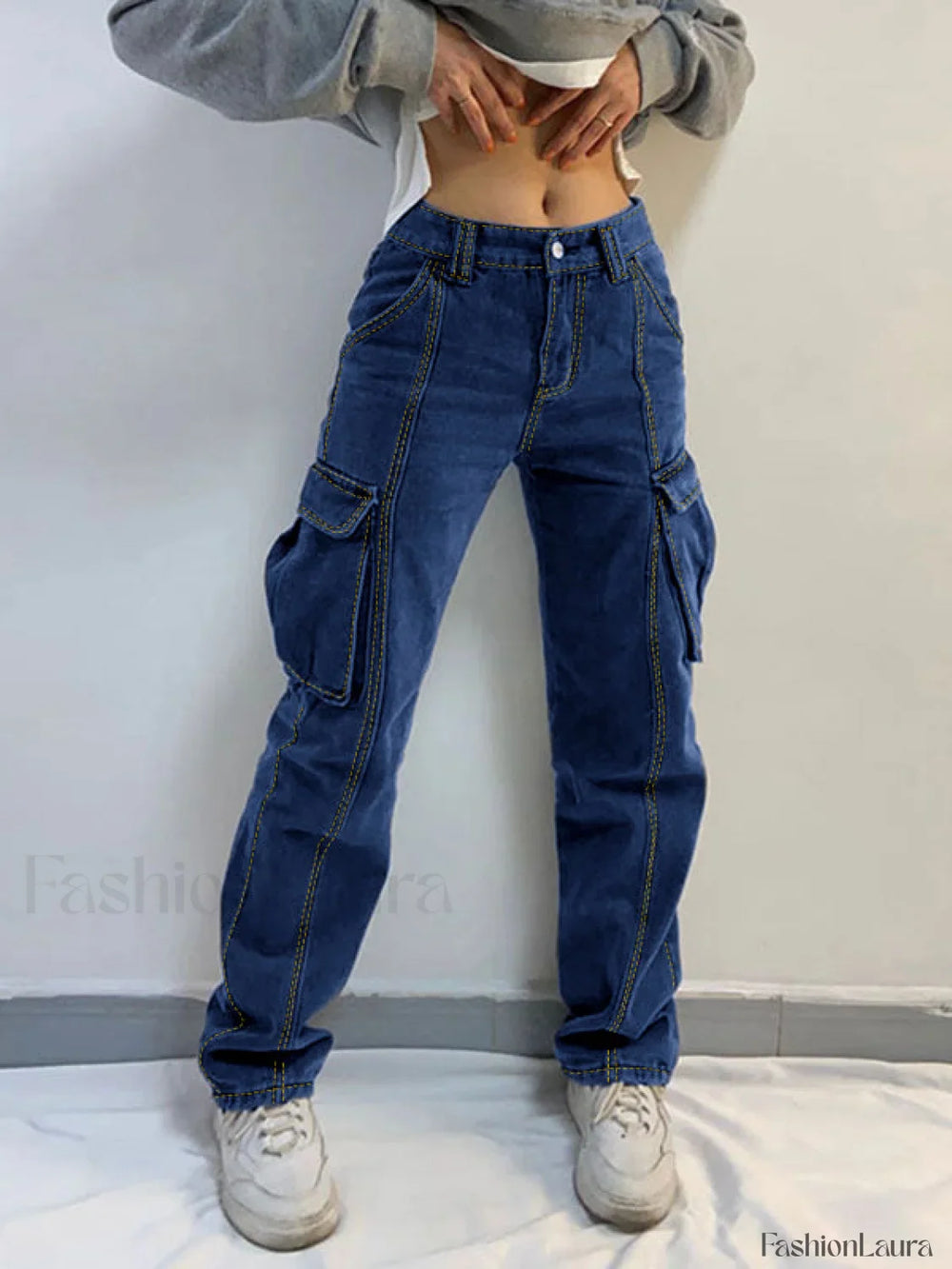 Washed Mid Waist Pocket Cargo Jeans Cargo Jeans