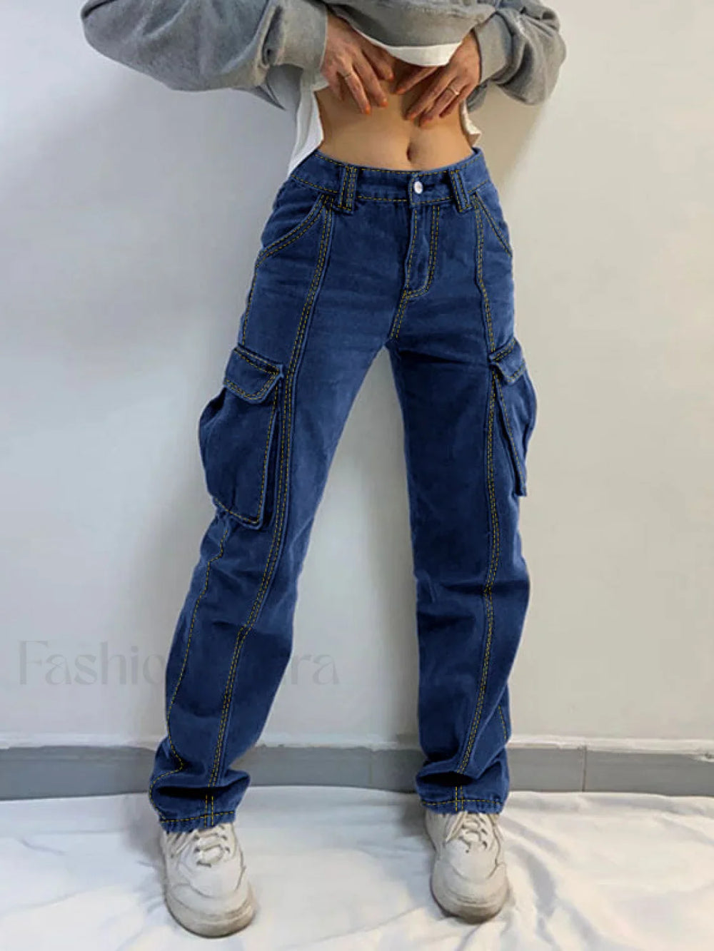 Washed Mid Waist Pocket Cargo Jeans Cargo Jeans