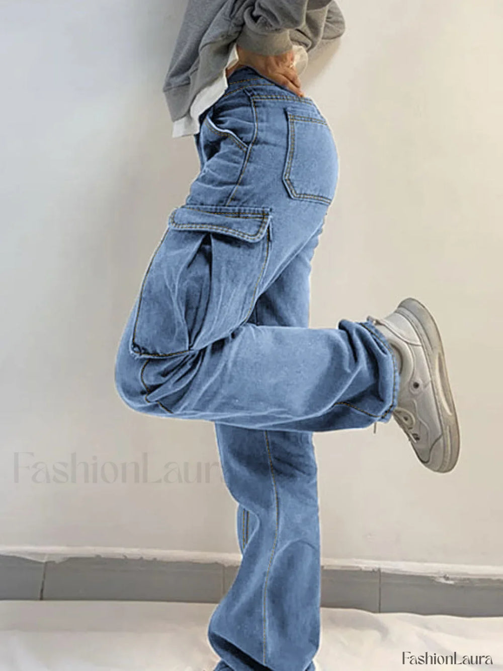 Washed Mid Waist Pocket Cargo Jeans Cargo Jeans