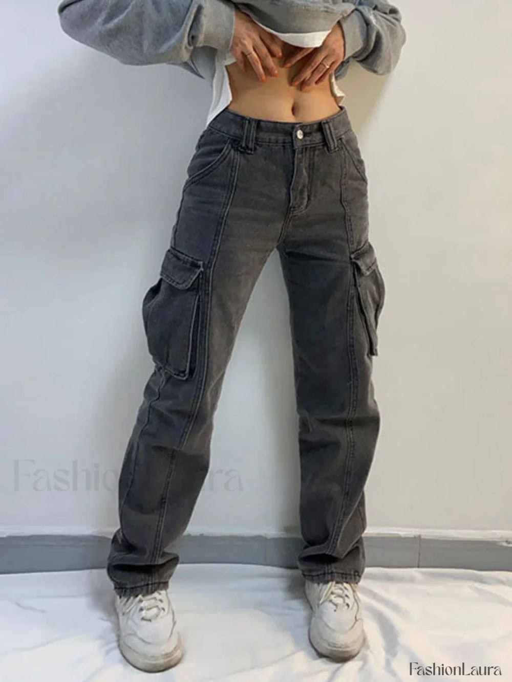 Washed Mid Waist Pocket Cargo Jeans Cargo Jeans