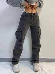 Washed Mid Waist Pocket Cargo Jeans Cargo Jeans
