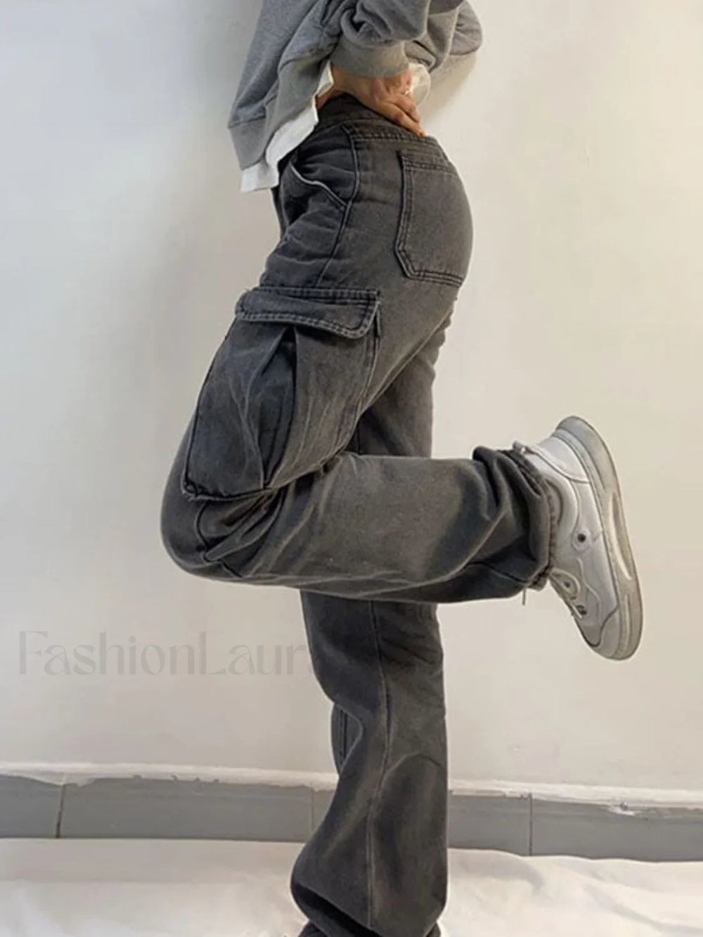 Washed Mid Waist Pocket Cargo Jeans Cargo Jeans