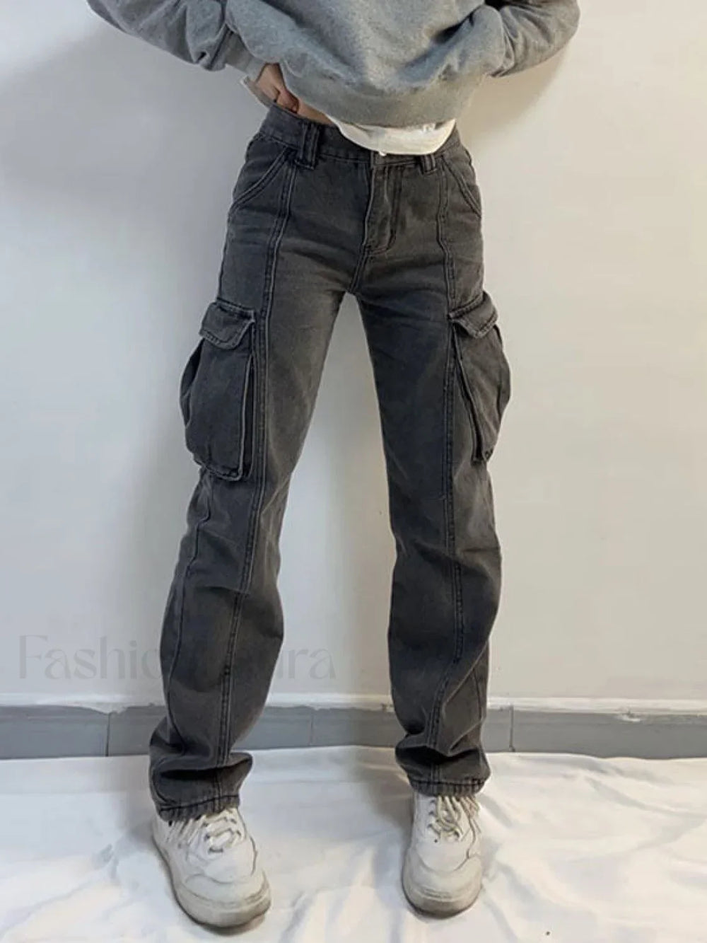 Washed Mid Waist Pocket Cargo Jeans Gray / S Cargo Jeans