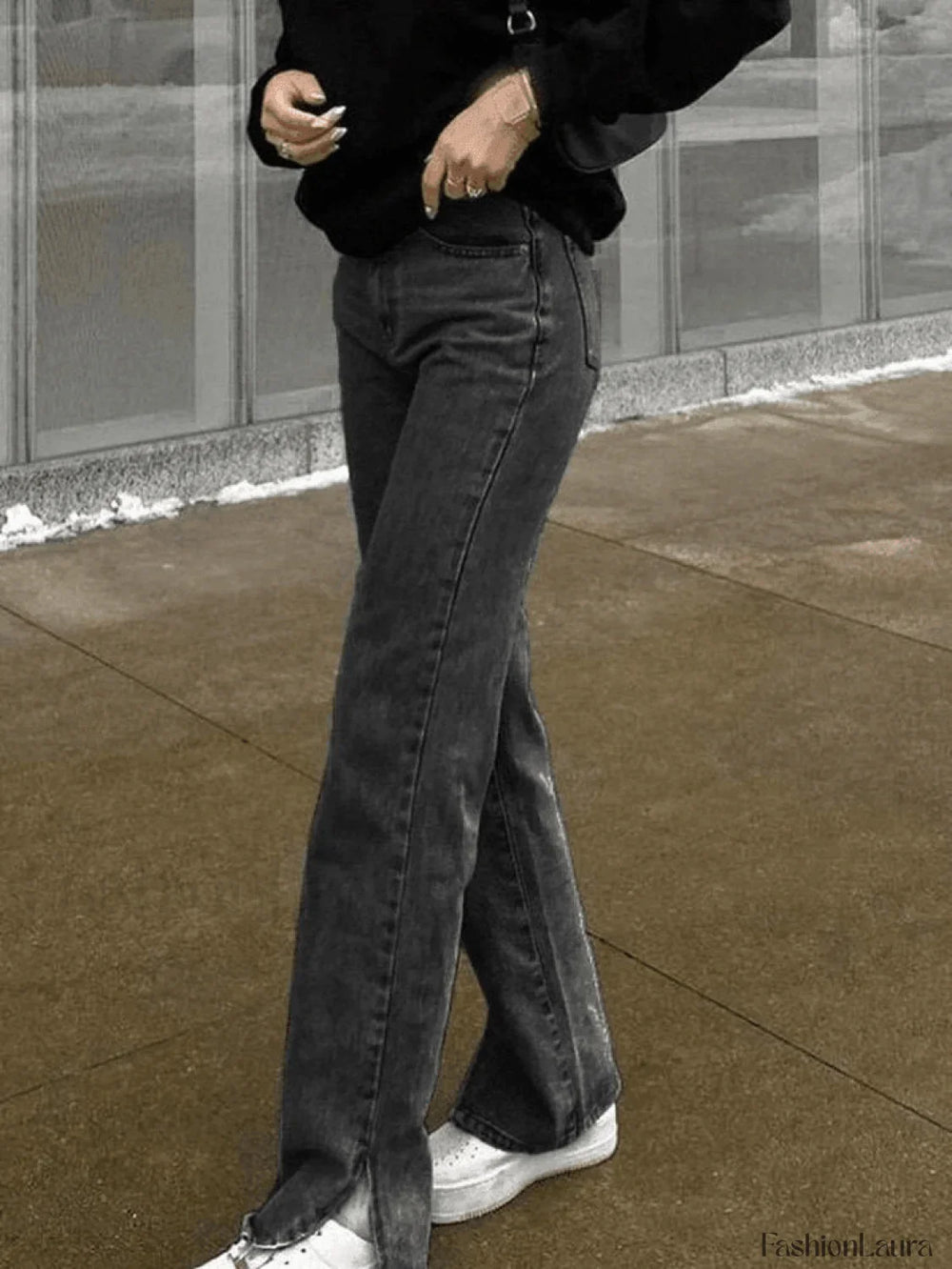 Washed Split Boyfriend Jeans Black / S Jeans