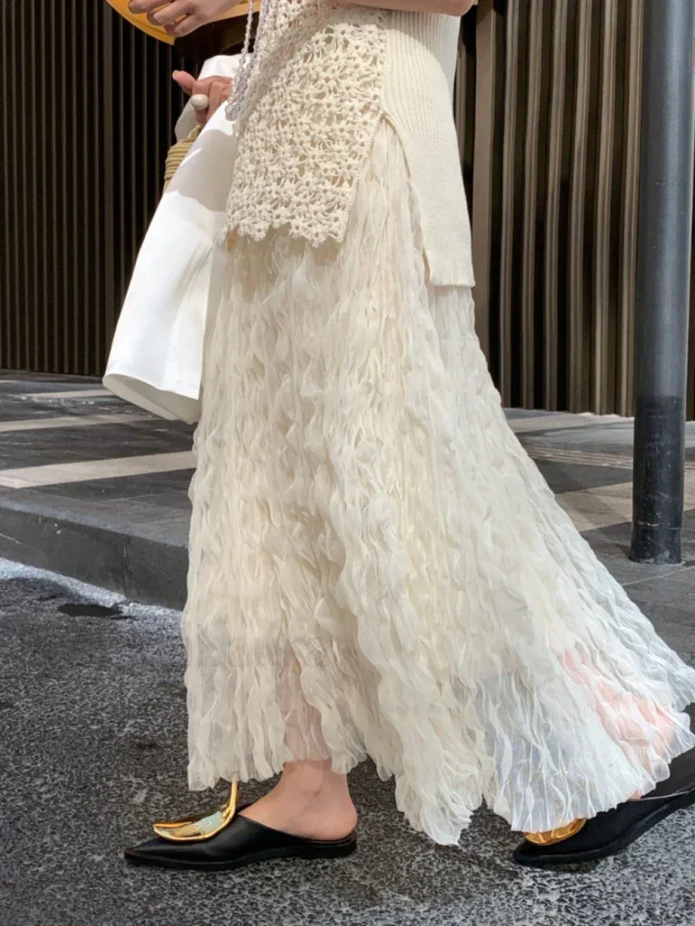 Wave Pleated High Waist Solid Fashion Skirt apricot / One Size