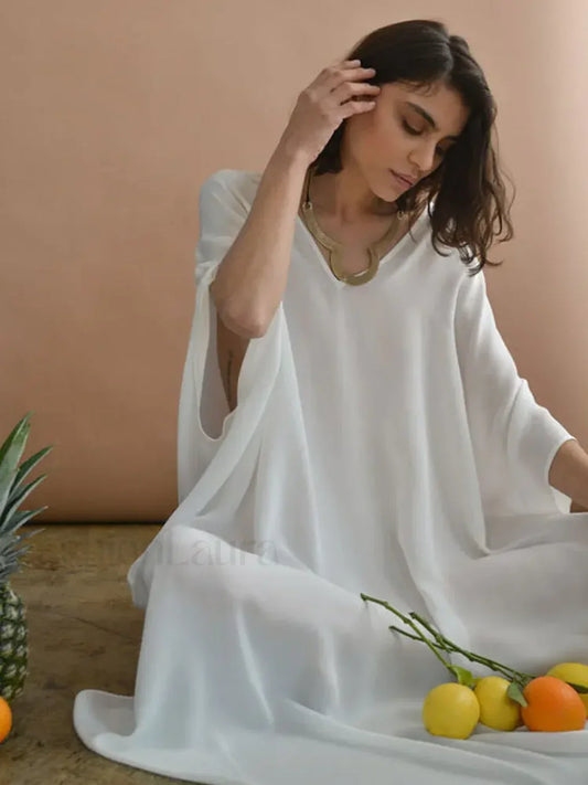 White 3/4 Sleeve V Neck Cover Up WHITE / One Size