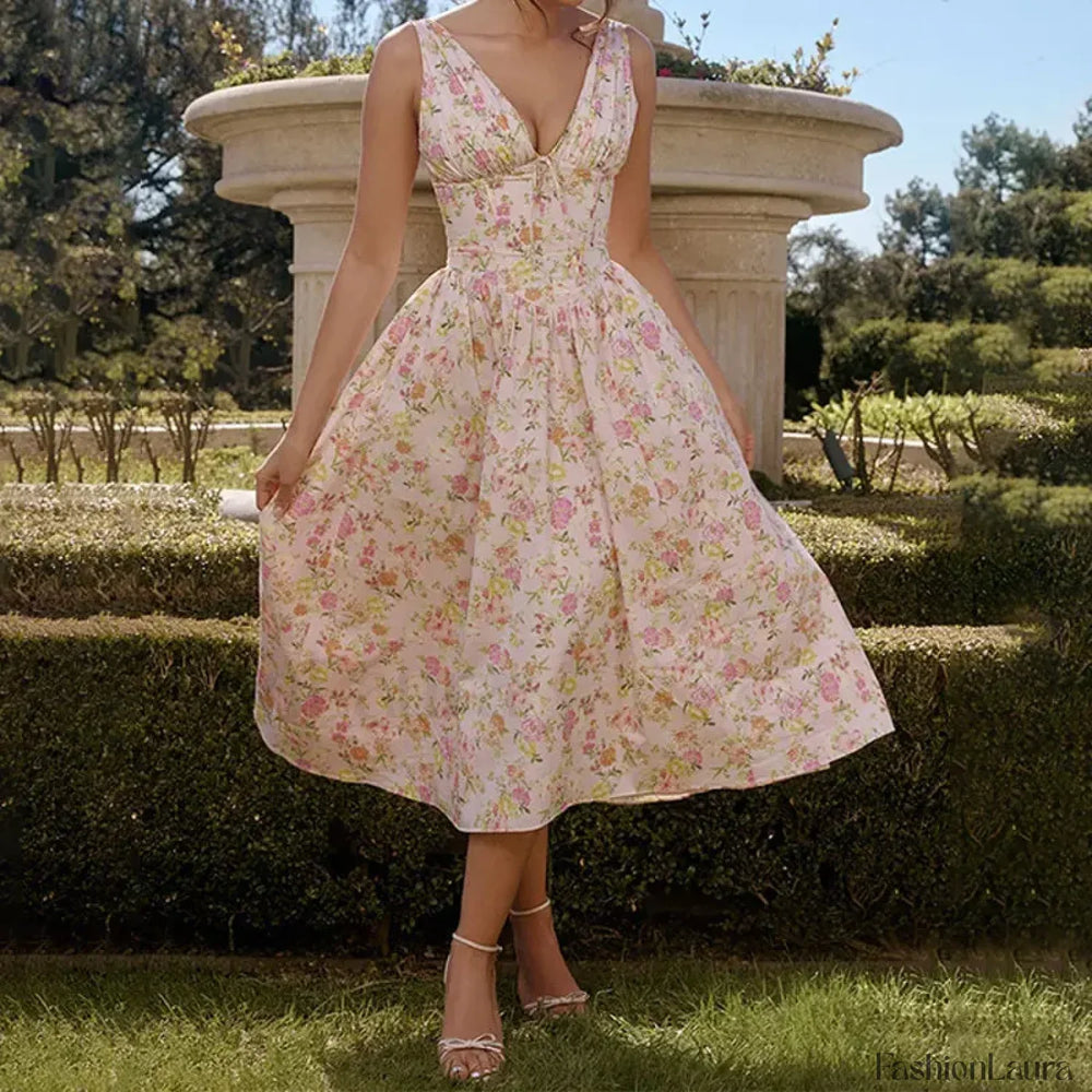 White Floral V Neck Midi Dress Beige / S