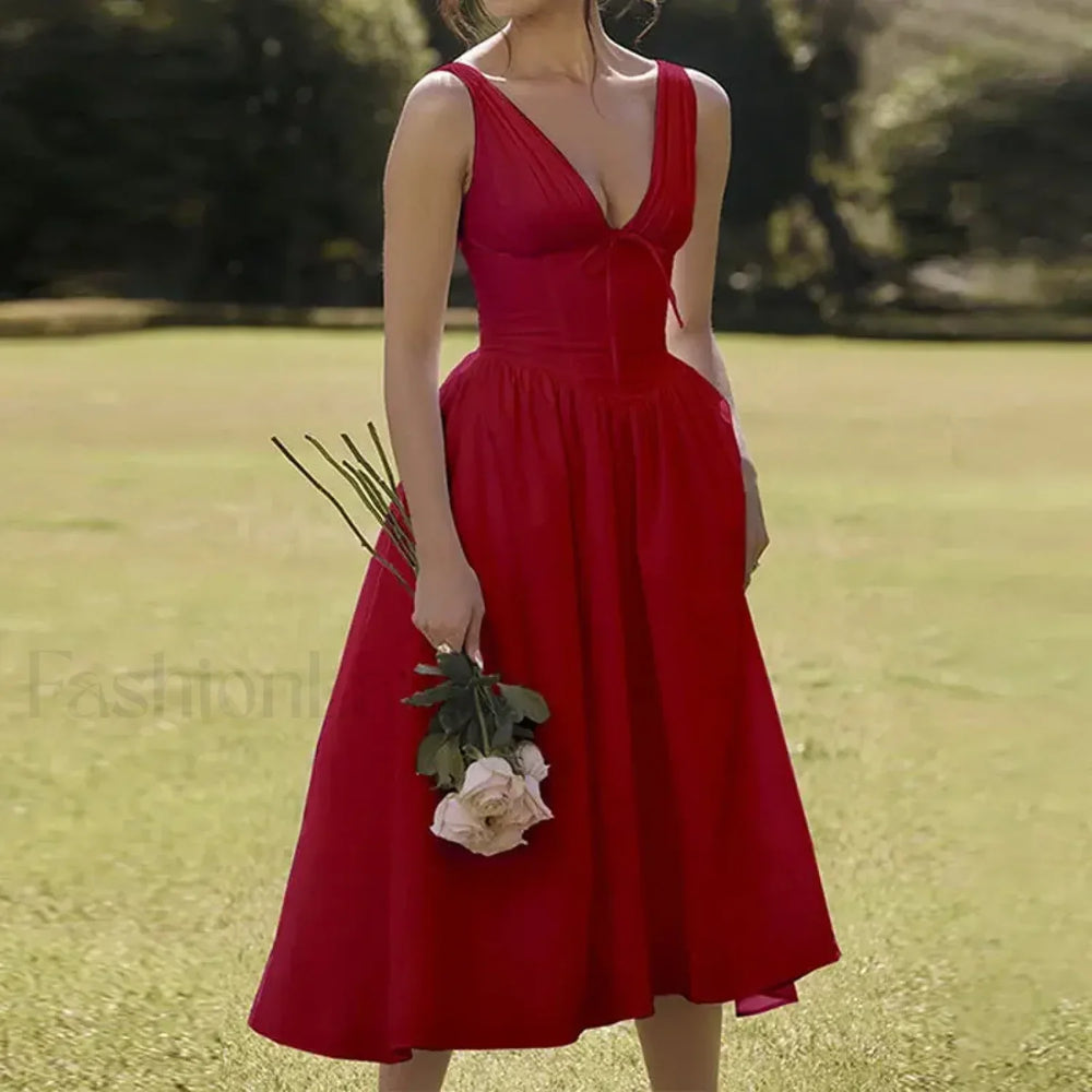 White Floral V Neck Midi Dress Red / S