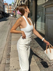 White Halter Backless Ribbed Knit Crop Top