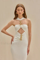 White Halter Bandage Midi Dress Beige / S