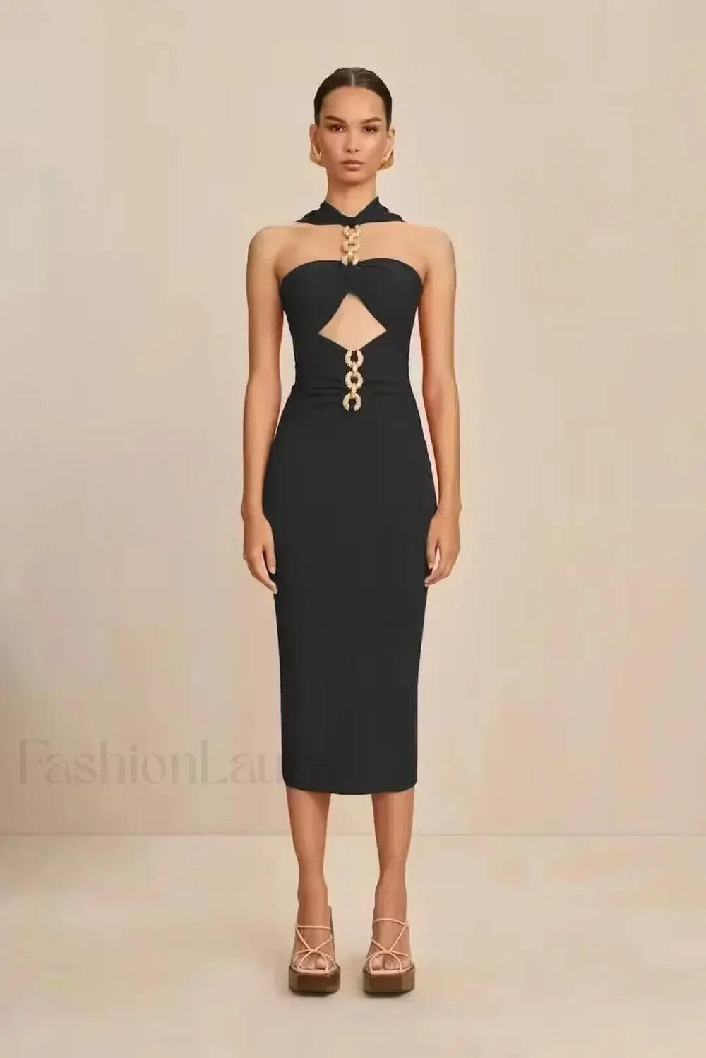 White Halter Bandage Midi Dress Black / S