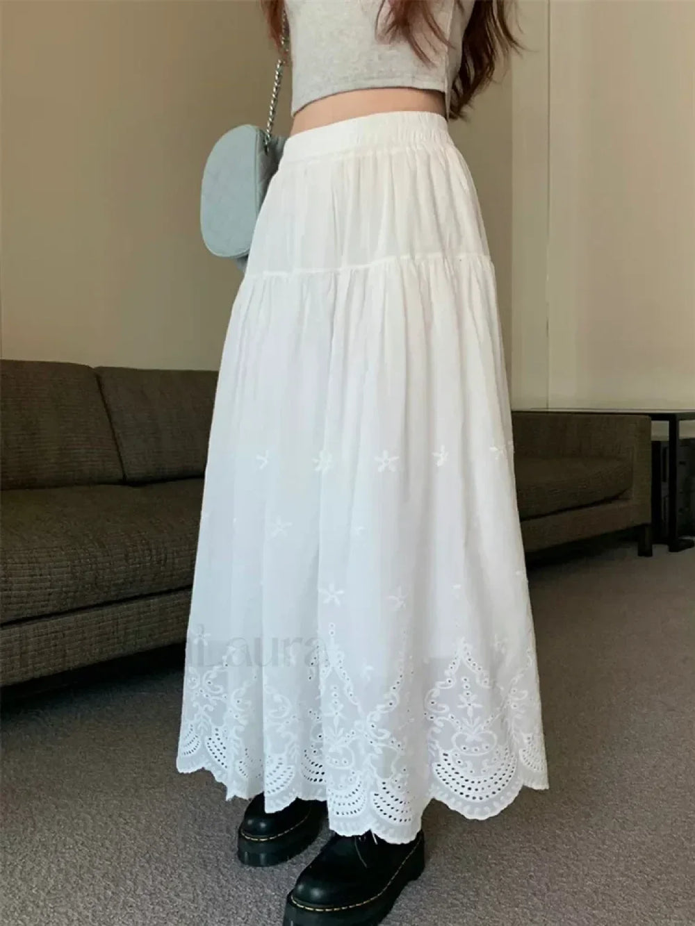 White Hollow out Embroidered Vintage Swing Long Skirt WHITE / One Size