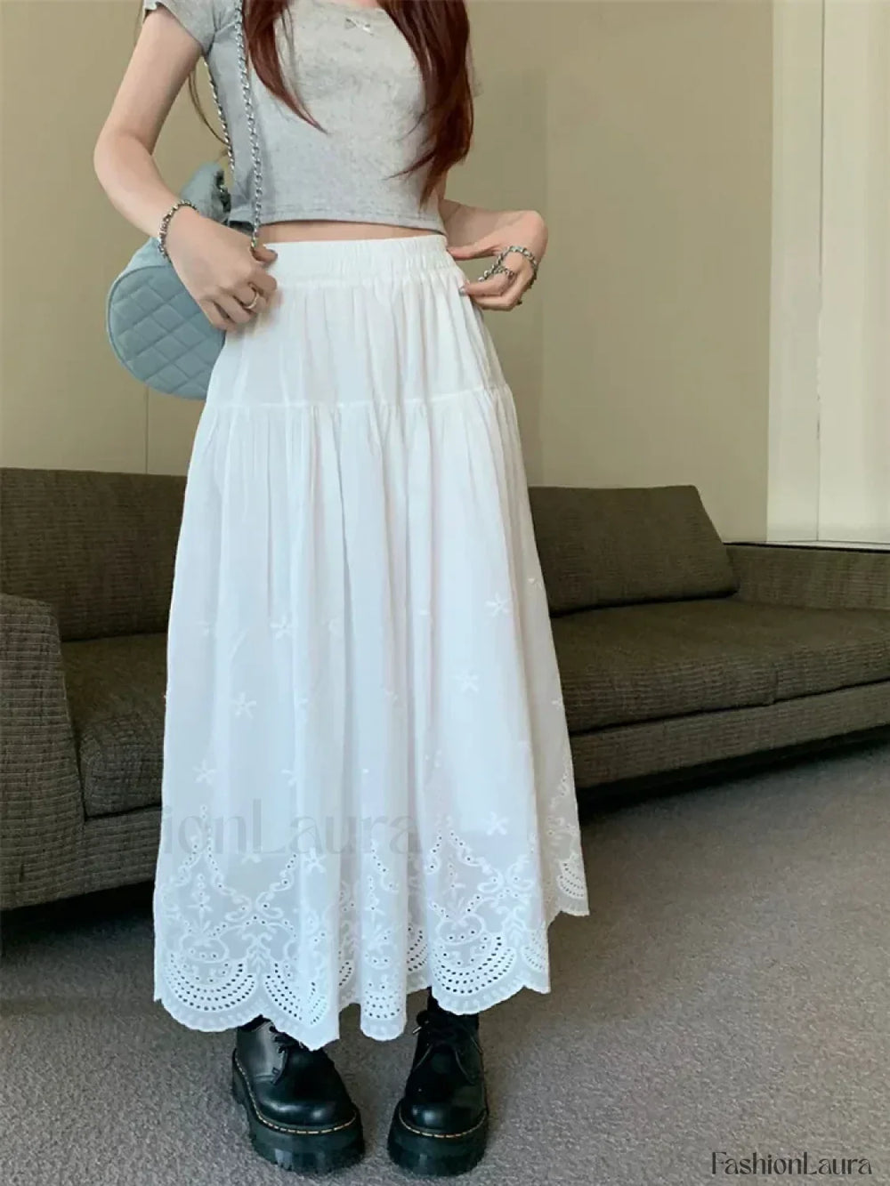White Hollow out Embroidered Vintage Swing Long Skirt WHITE / One Size