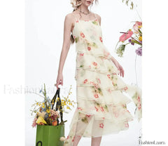 White Irregular Sling Floral Dress Beige / S