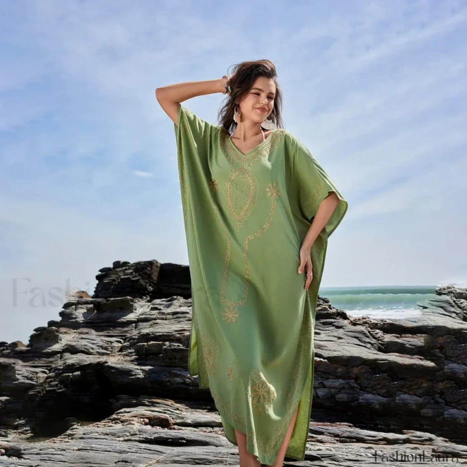 White Kaftan Chiffon Kimono Cover Up Green / One Size
