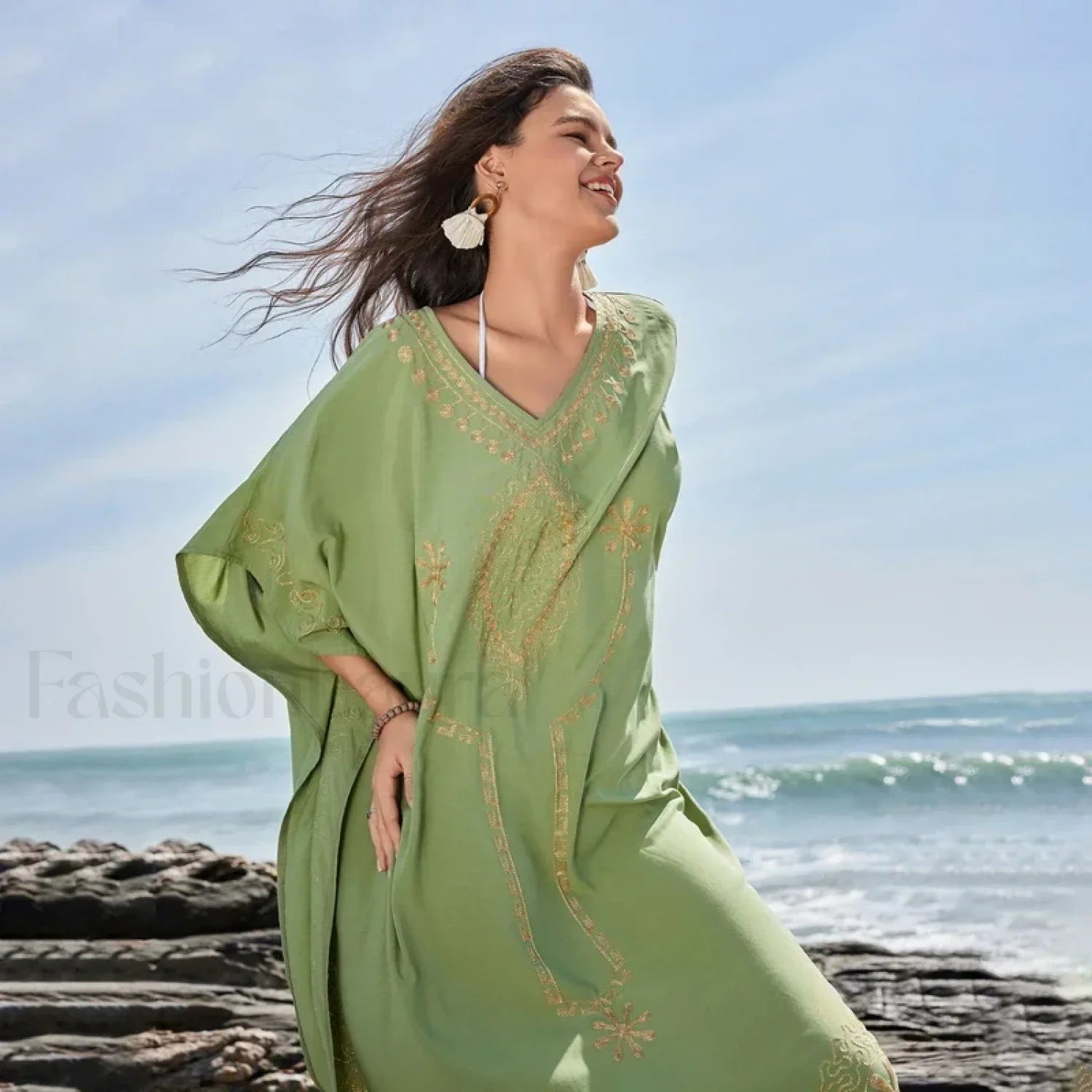 White Kaftan Chiffon Kimono Cover Up Green / One Size