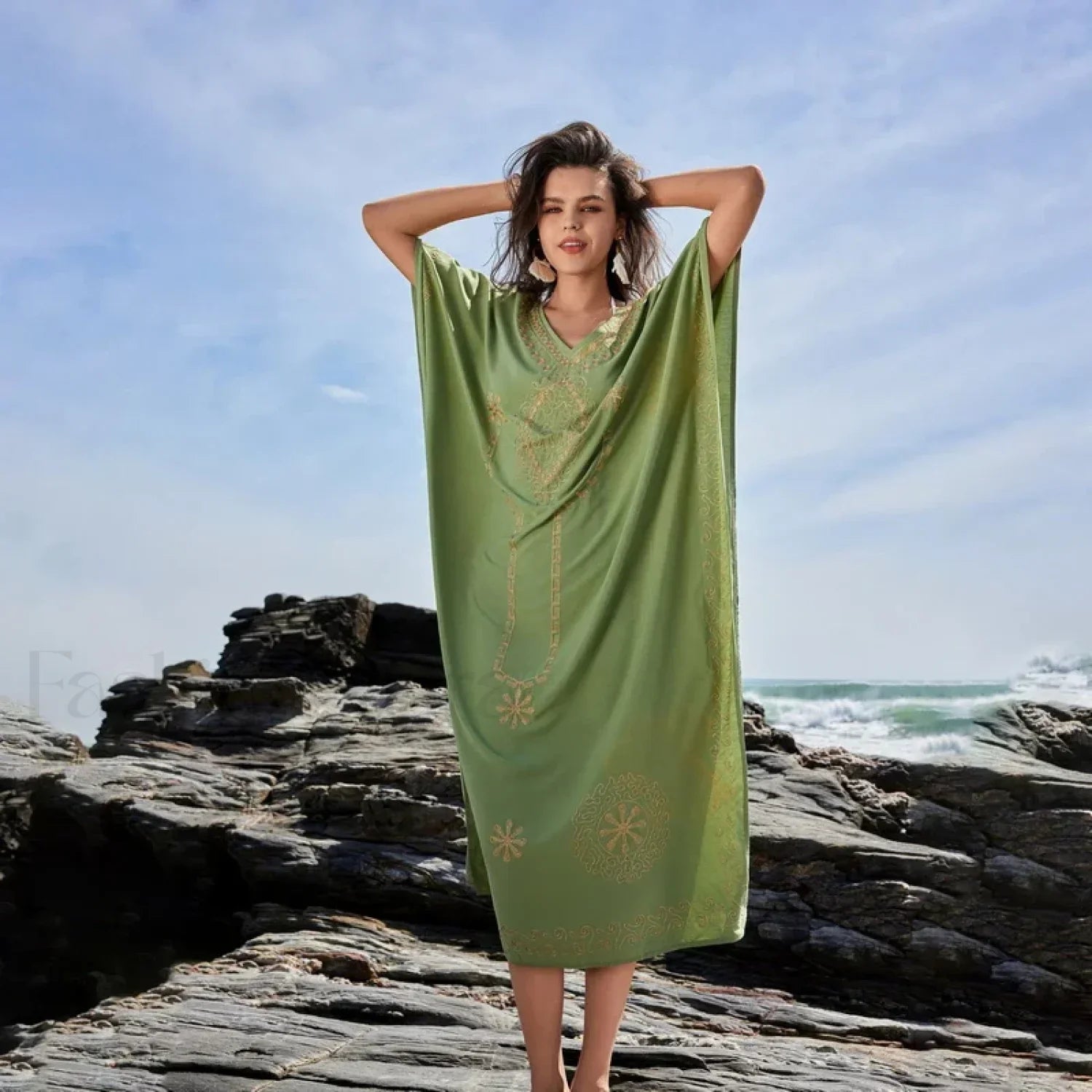 White Kaftan Chiffon Kimono Cover Up Green / One Size