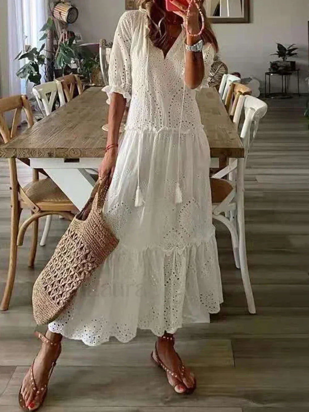 White Lace Hollow Out Boho Dress