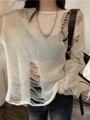 White Long Sleeve Distressed Knit Top White / ONE SIZE Sweaters