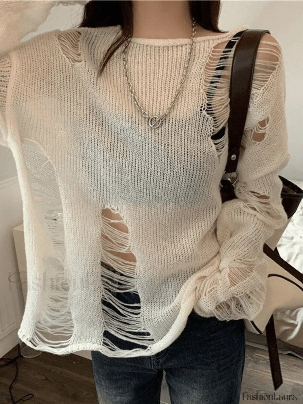 White Long Sleeve Distressed Knit Top White / ONE SIZE Sweaters