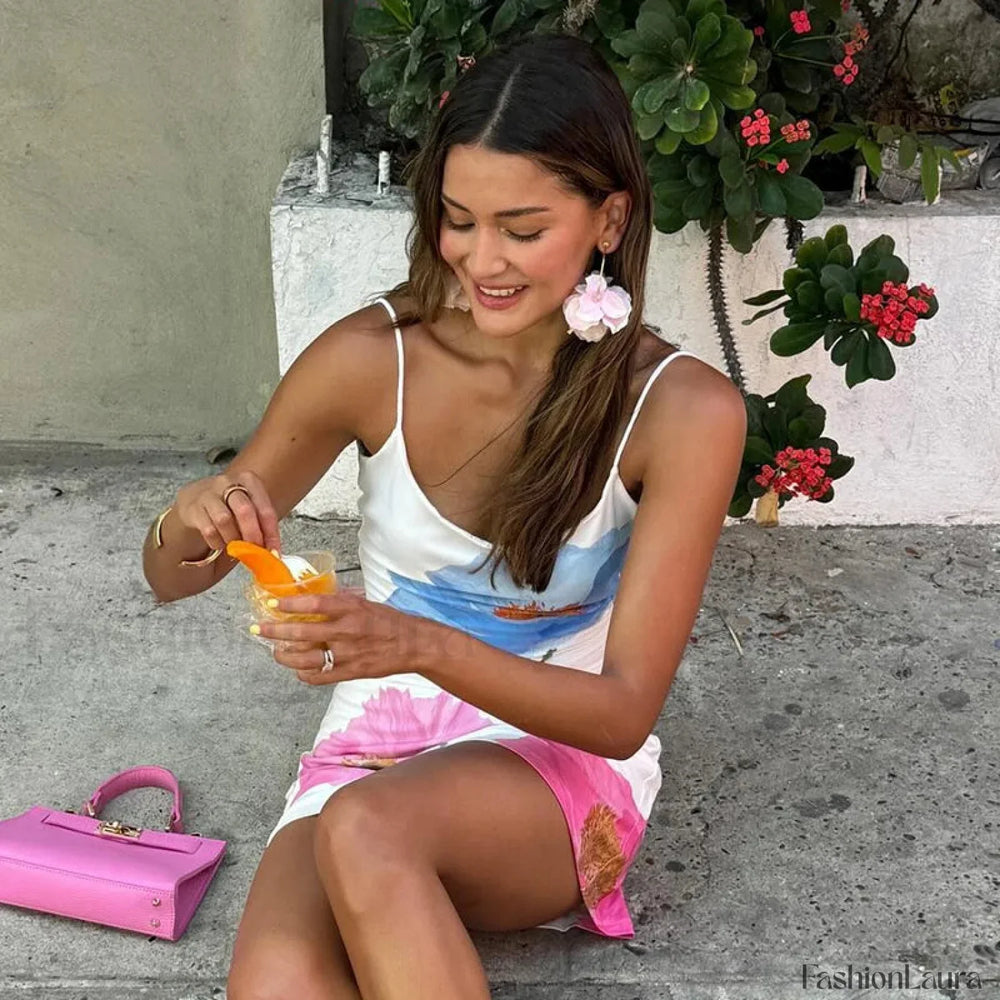 White O Neck Print Mini Dress