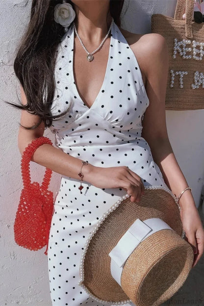 White Polka Dot Halter V-Neck Maxi Dress