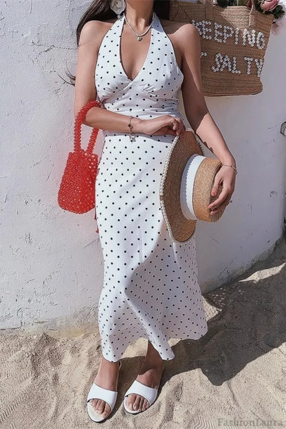 White Polka Dot Halter V-Neck Maxi Dress White / S