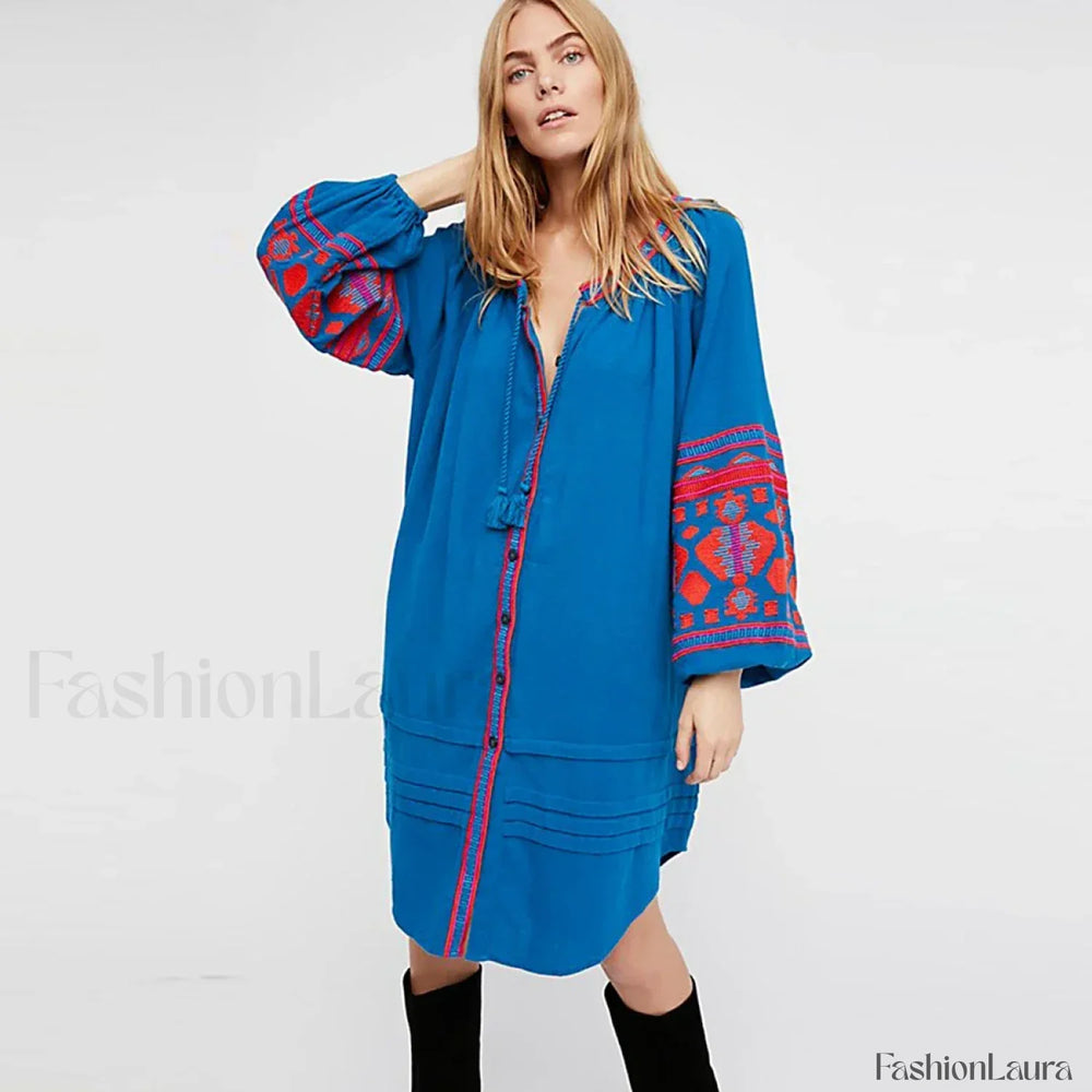 White Puff Sleeve Boho Dress Blue / S
