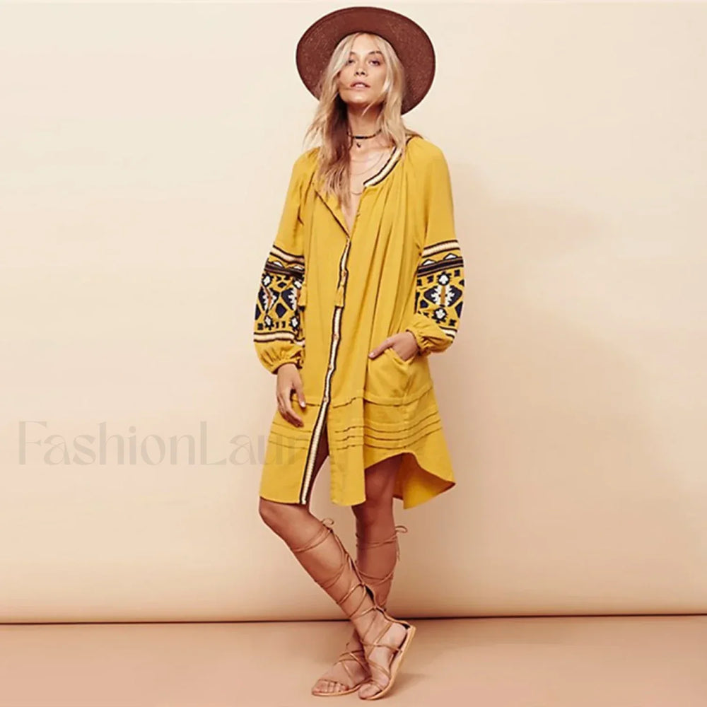 White Puff Sleeve Boho Dress Yellow / S