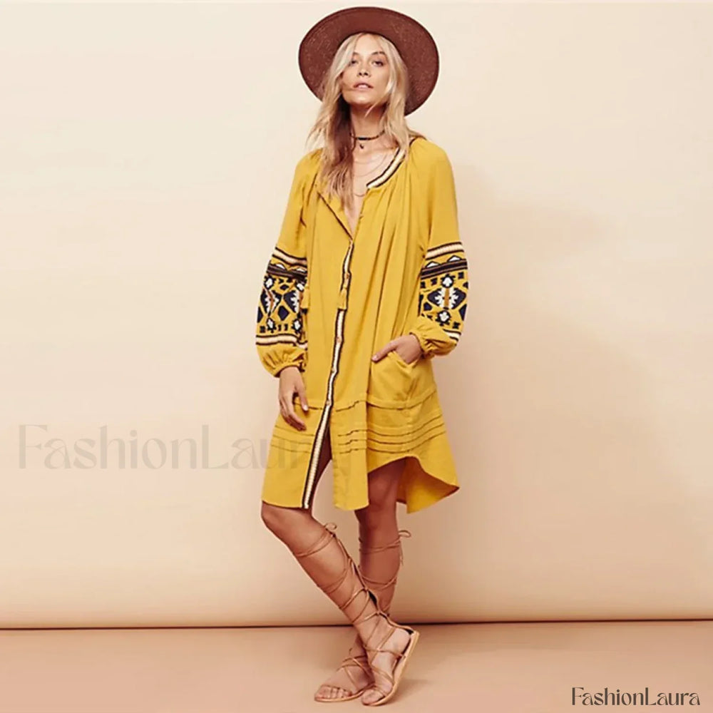 White Puff Sleeve Boho Dress Yellow / S