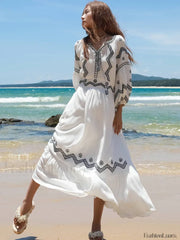 White Retro V Neck Boho Dress WHITE / S