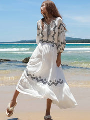 White Retro V Neck Boho Dress WHITE / S