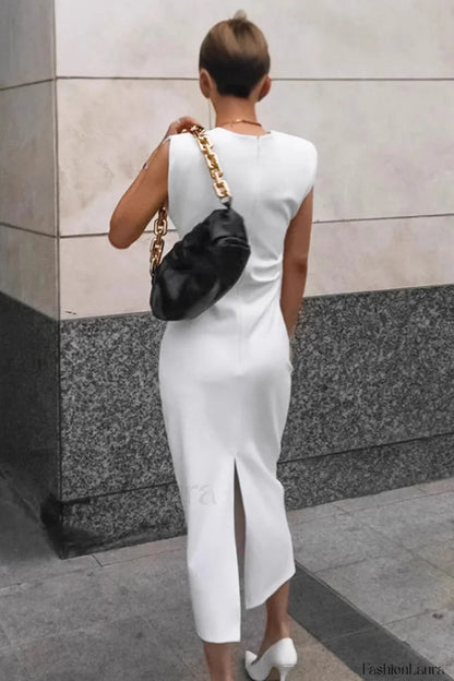 White Round Neck Split Bodycon Work Dress