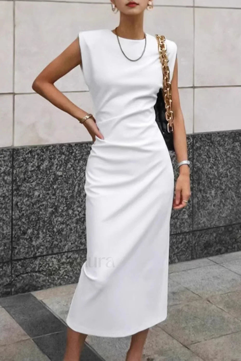 White Round Neck Split Bodycon Work Dress White / S