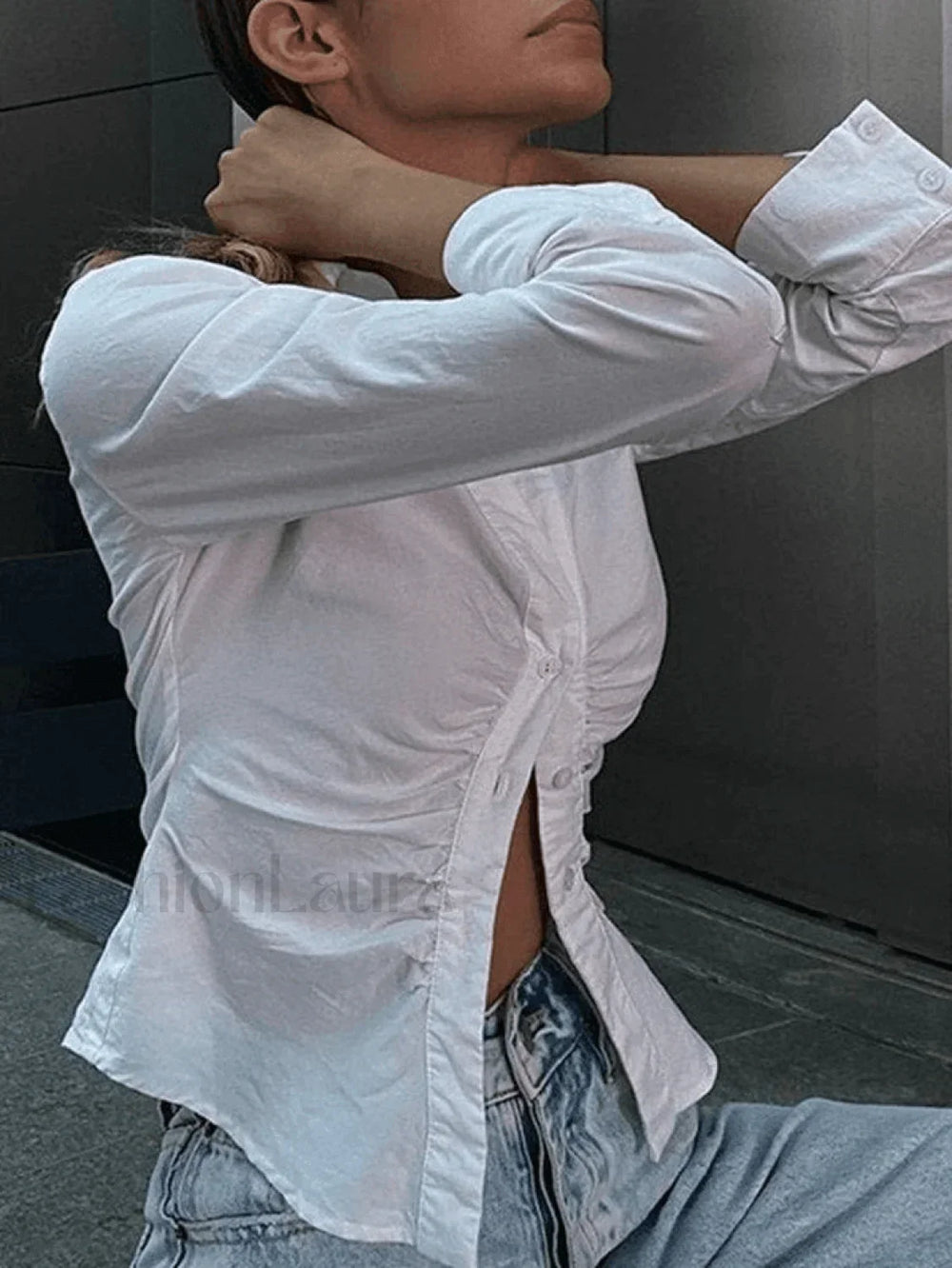 White Ruched Cropped Long Sleeve Blouse Tops&Tees