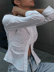 White Ruched Cropped Long Sleeve Blouse Tops&Tees